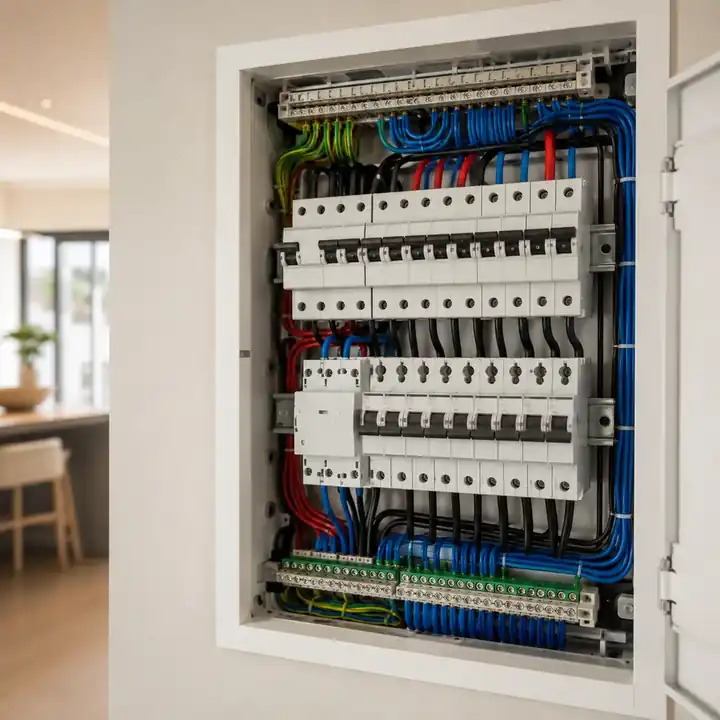 Quadro elétrico residencial organizado após serviço em Palhoça.