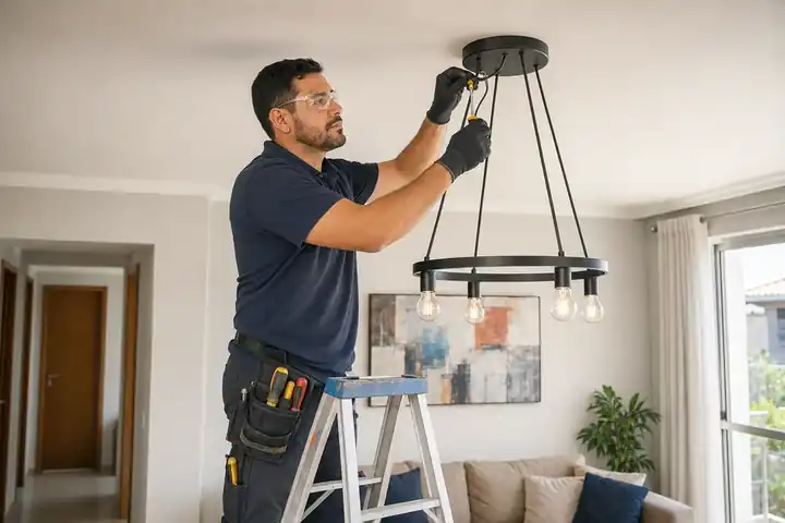 Eletricista instalando luminárias em residência em Palhoça.