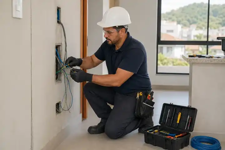 Eletricista trabalhando na passagem de fiação durante reforma em Palhoça.