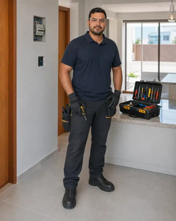 Retrato profissional do eletricista fictício Rafael Martins com uniforme e equipamentos de proteção.