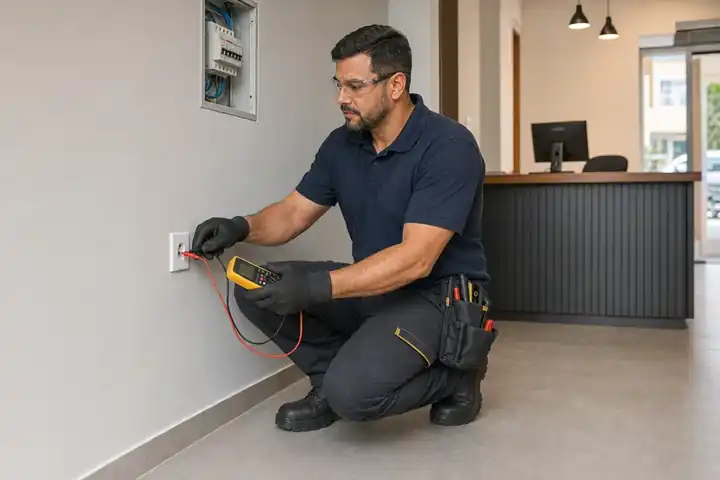 Eletricista realizando teste elétrico em pequeno comércio em São José.